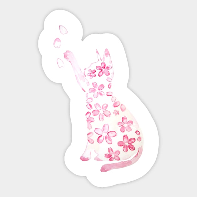 pink cat and cherry flowers watercolor Sticker by colorandcolor